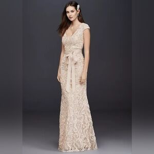 {Betsy & Adam} Cap Sleeve Soutache Lace Dress With Sash - Size 18